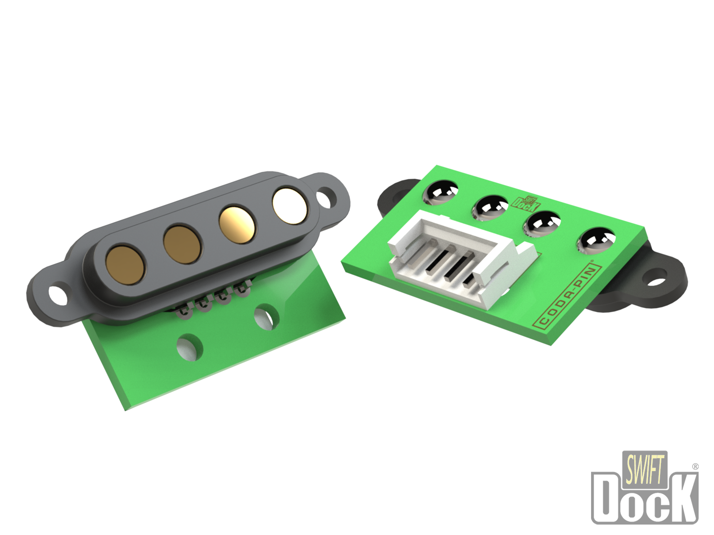 Swift-Dock (7mm pitch) - 4 pin, interface array with PCB and connector 