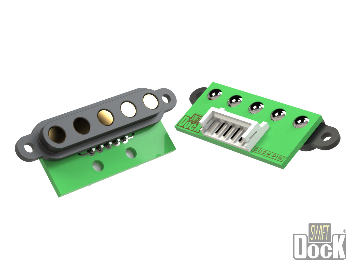 Swift-Dock (7mm pitch) - 5 pin, interface array with PCB and connector