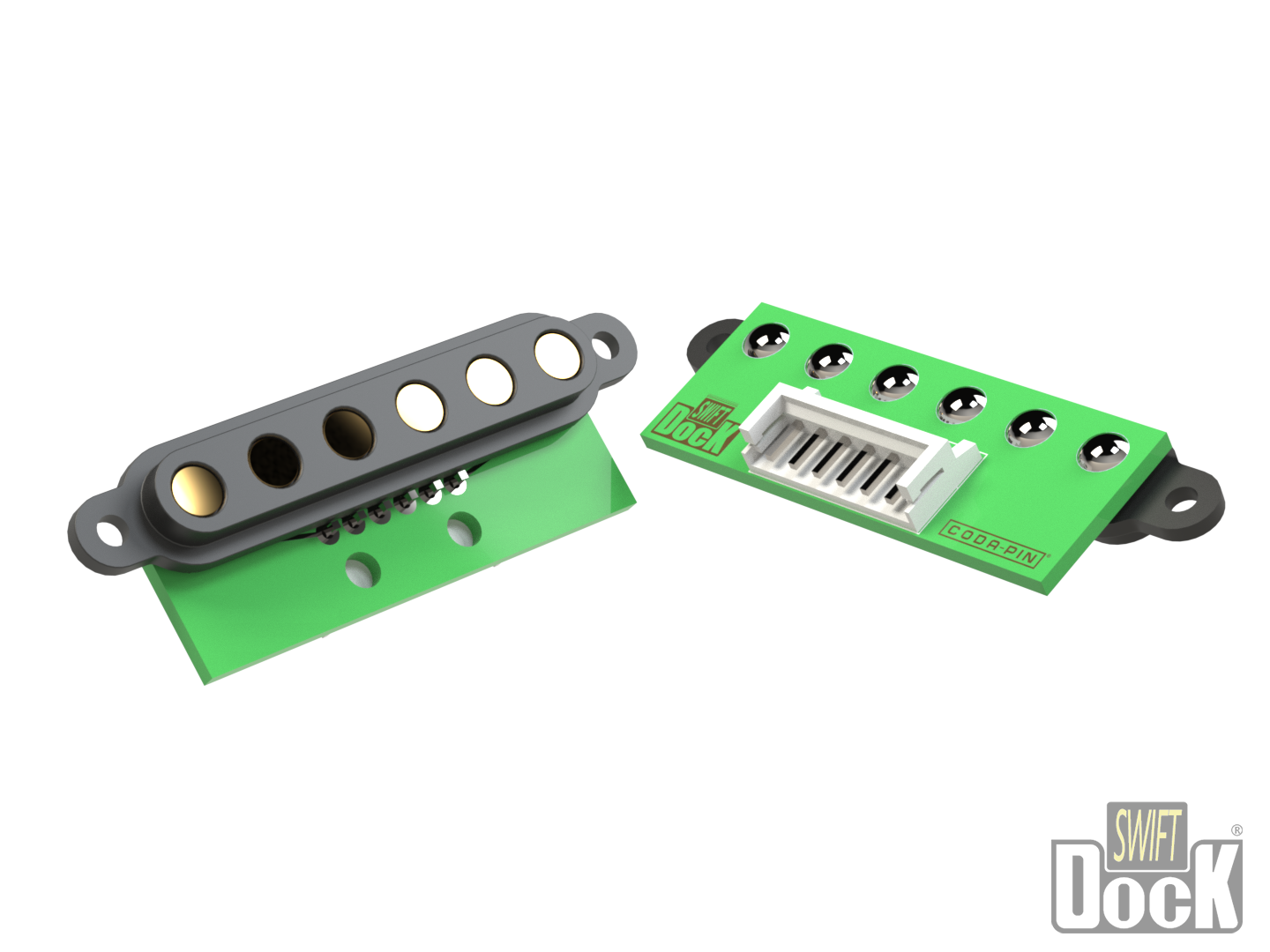 Swift-Dock (7mm pitch) - 6 pin, interface array with PCB and connector